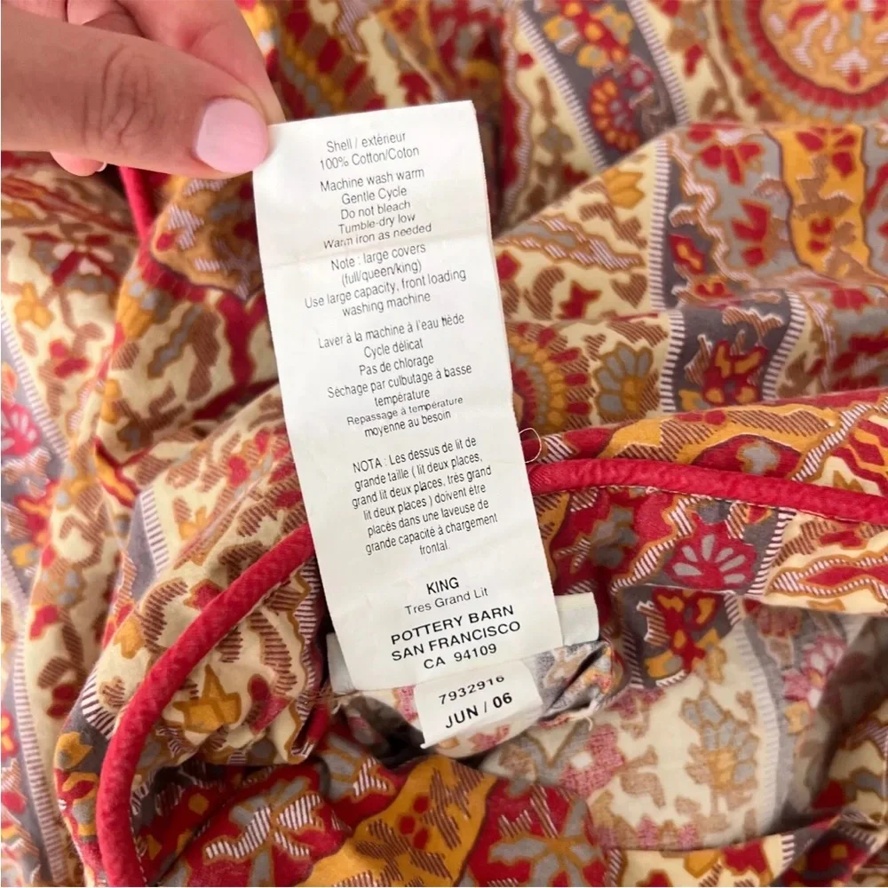 RARE Pottery Barn KING Paisley Duvet Cover Stripe Floral Red Blue Gold PB Ribbon